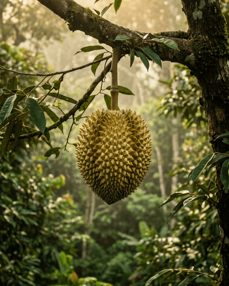 Durian Montong matang menggantung di dahan pohon di kebun mitra Pamona Selatan
